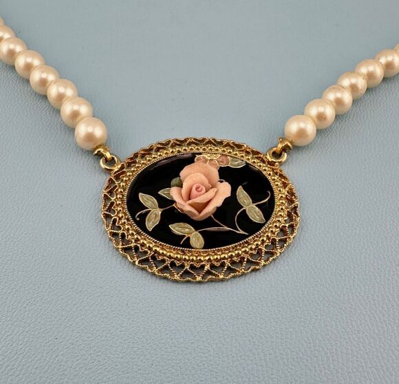 1928 Jewelry - Vintage 1928 Porcelain Rose Station Pendant Necklace Faux Pearl Victorian Style